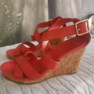 Cole Haan Red Wedge Sandals with Gold Buckle.new condition